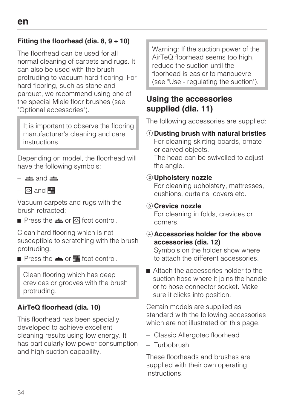 Using the accessories supplied (dia. 11) | Miele HS14 User Manual | Page 34 / 112