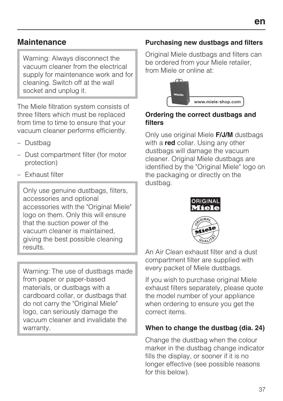 Maintenance | Miele HS14 User Manual | Page 37 / 112
