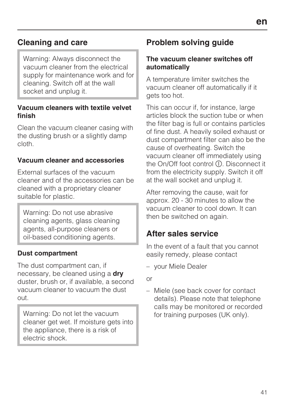 Cleaning and care, Problem solving guide, After sales service | Miele HS14 User Manual | Page 41 / 112
