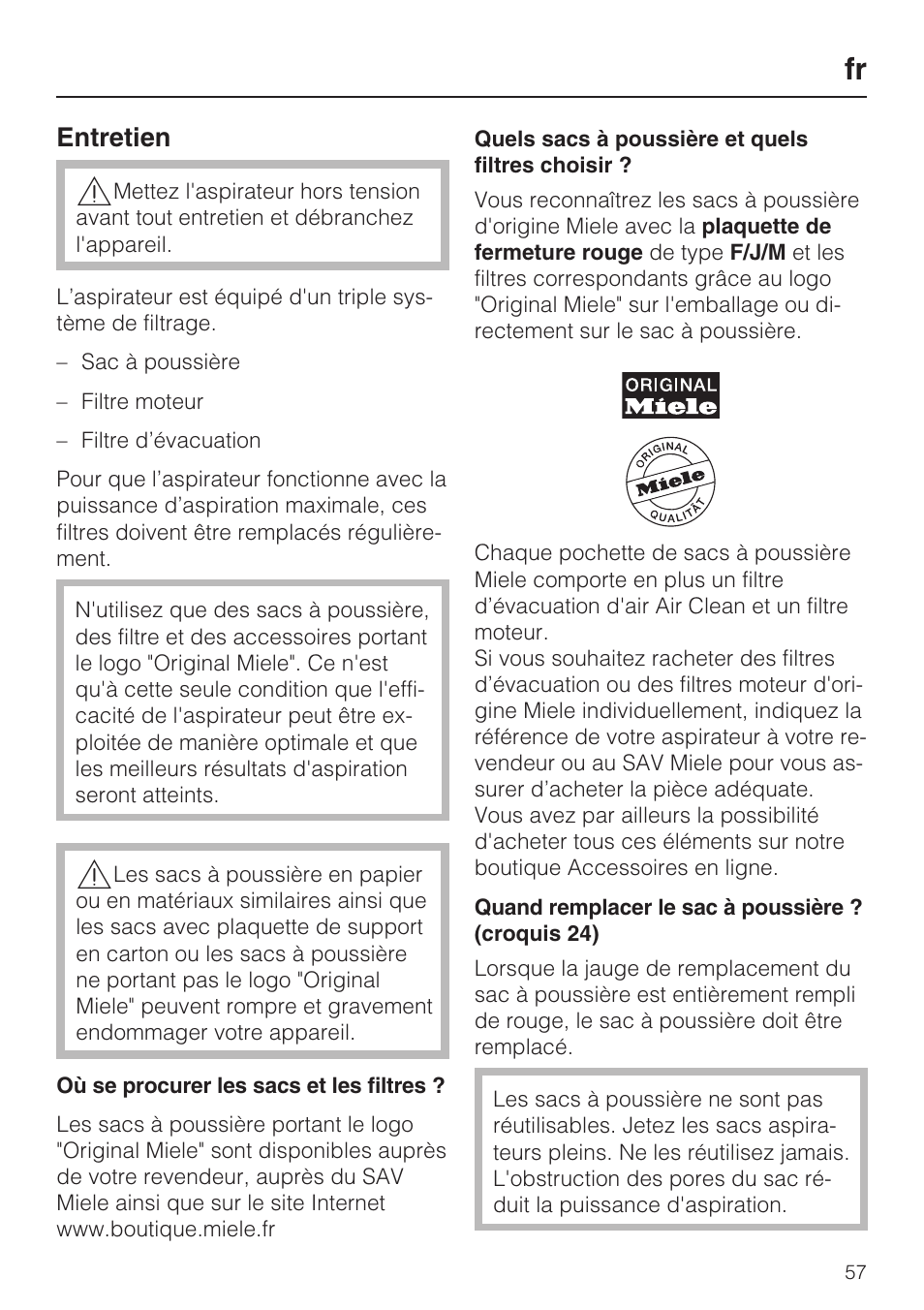 Entretien | Miele HS14 User Manual | Page 57 / 112