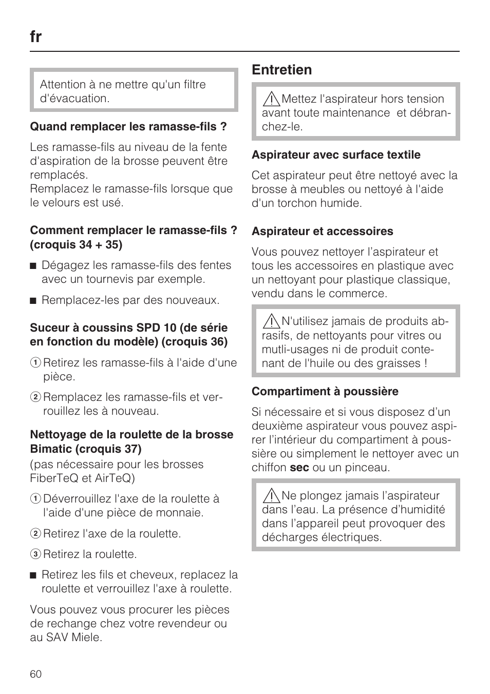 Entretien | Miele HS14 User Manual | Page 60 / 112