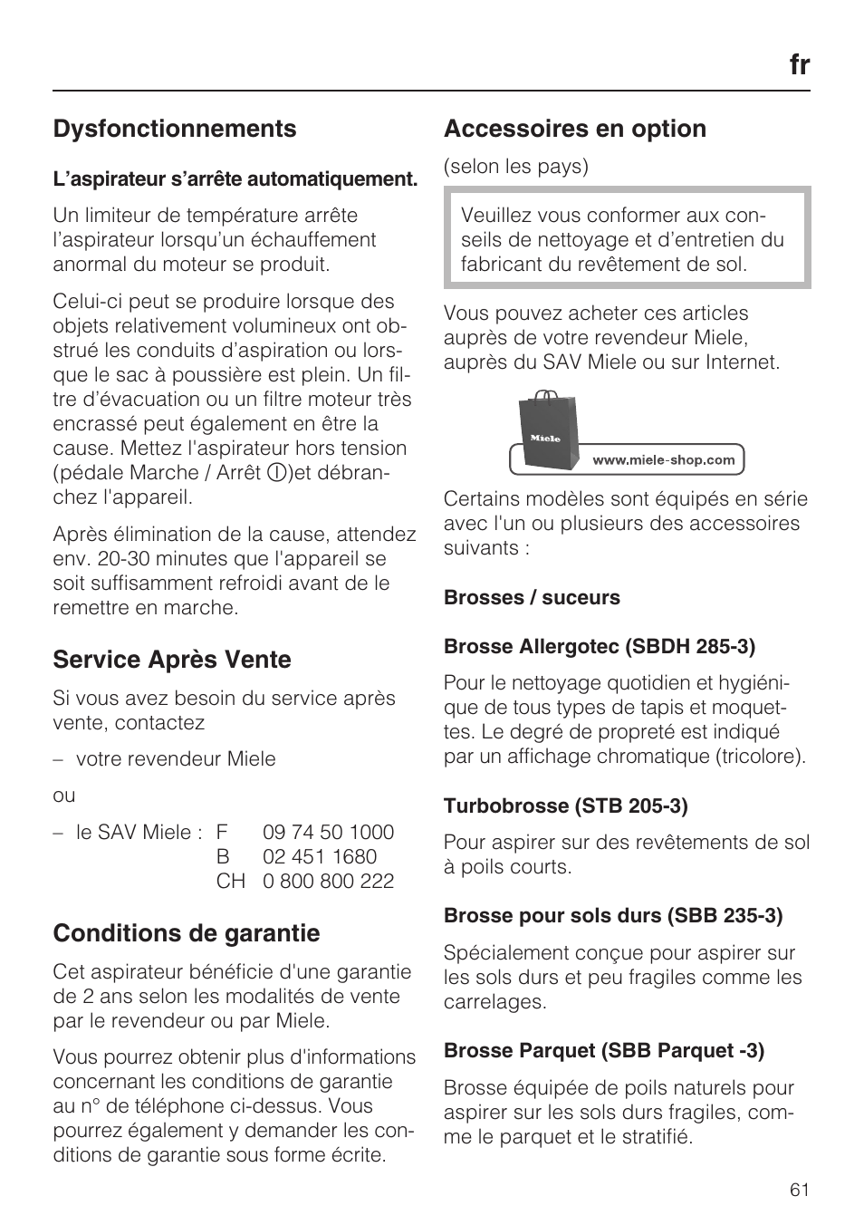 Dysfonctionnements, Service après vente, Conditions de garantie | Accessoires en option | Miele HS14 User Manual | Page 61 / 112