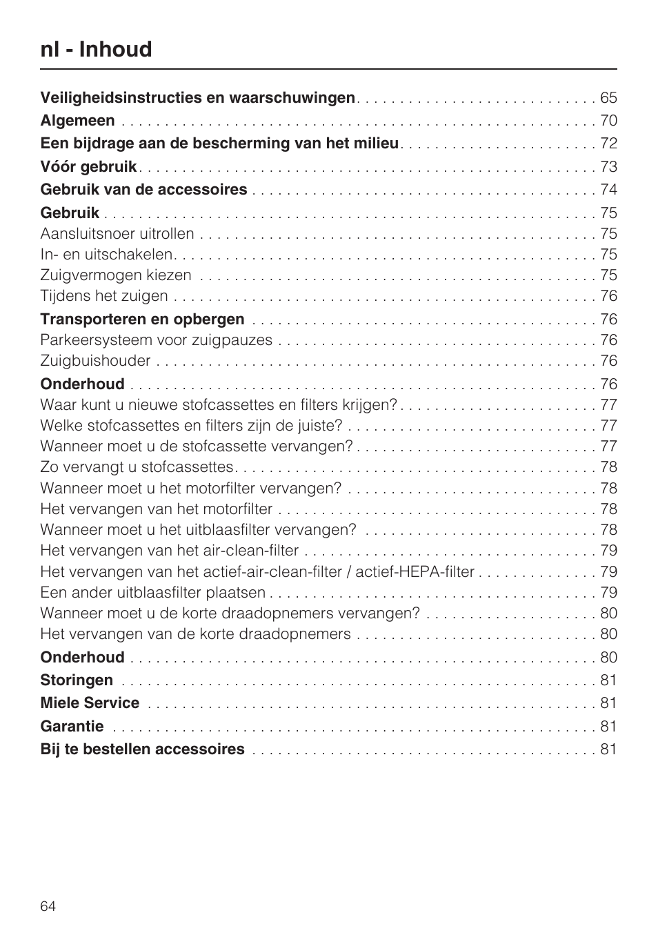 Nl - inhoud | Miele HS14 User Manual | Page 64 / 112