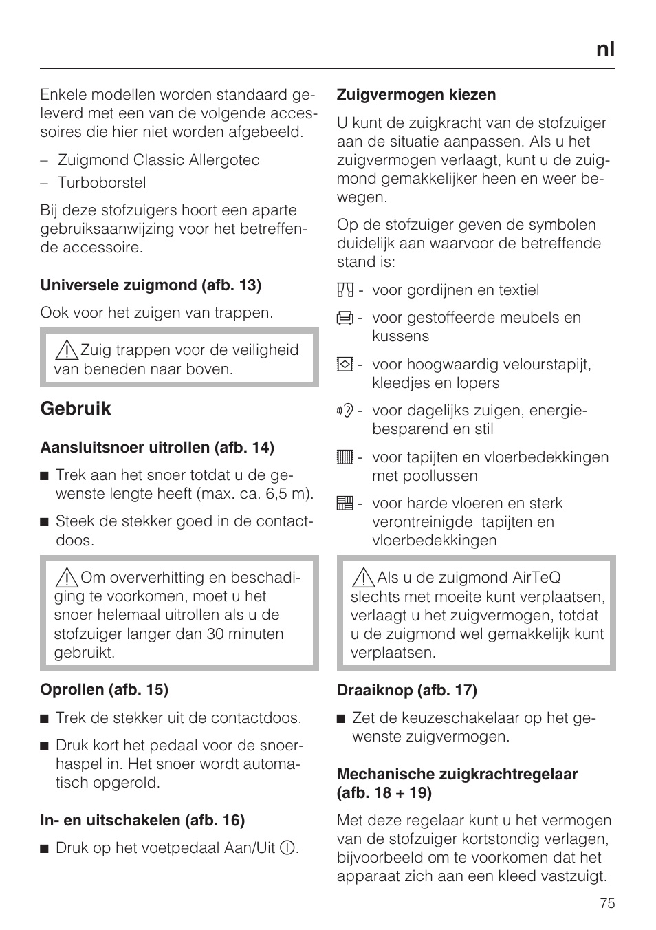 Gebruik | Miele HS14 User Manual | Page 75 / 112