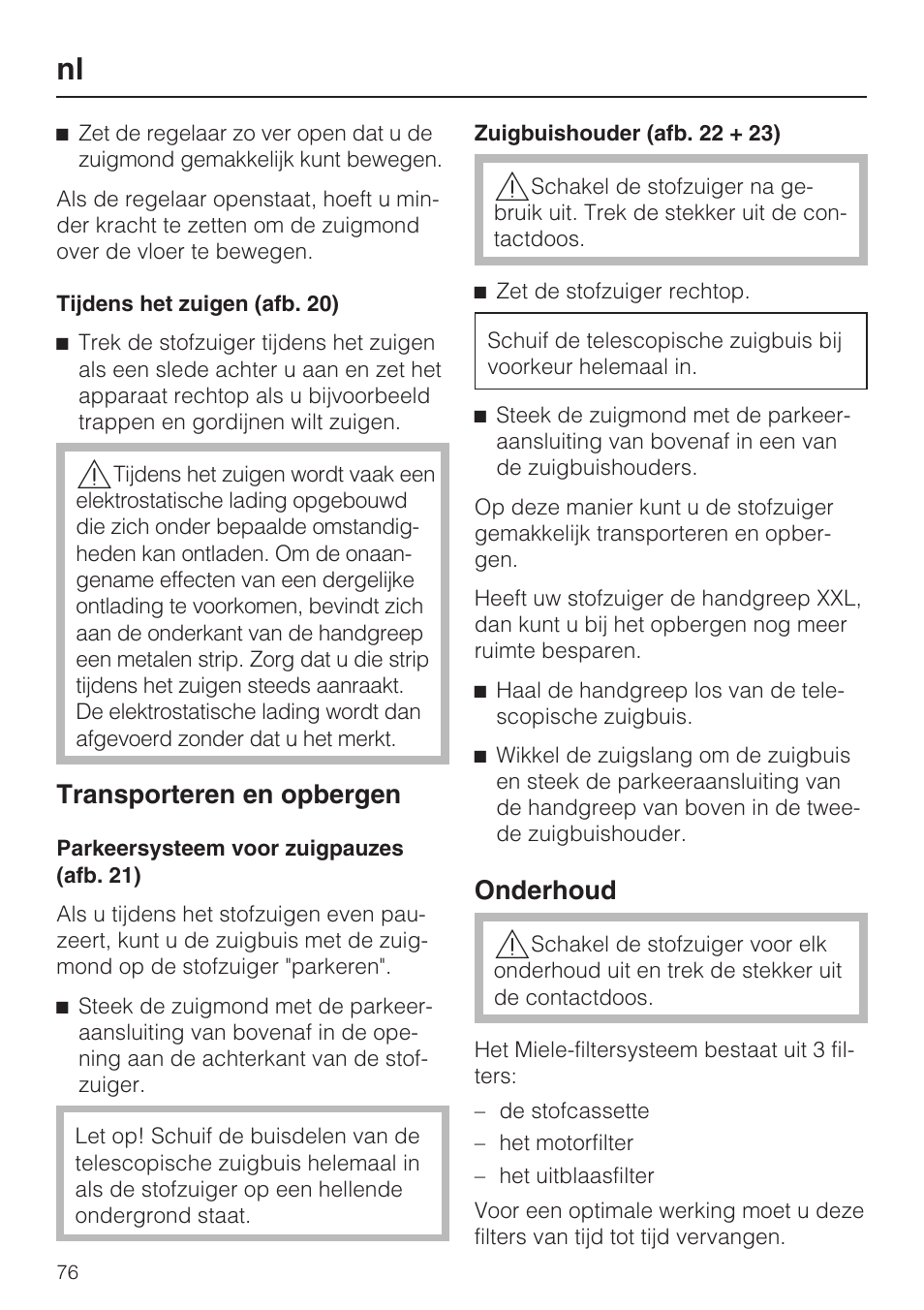 Transporteren en opbergen, Onderhoud | Miele HS14 User Manual | Page 76 / 112