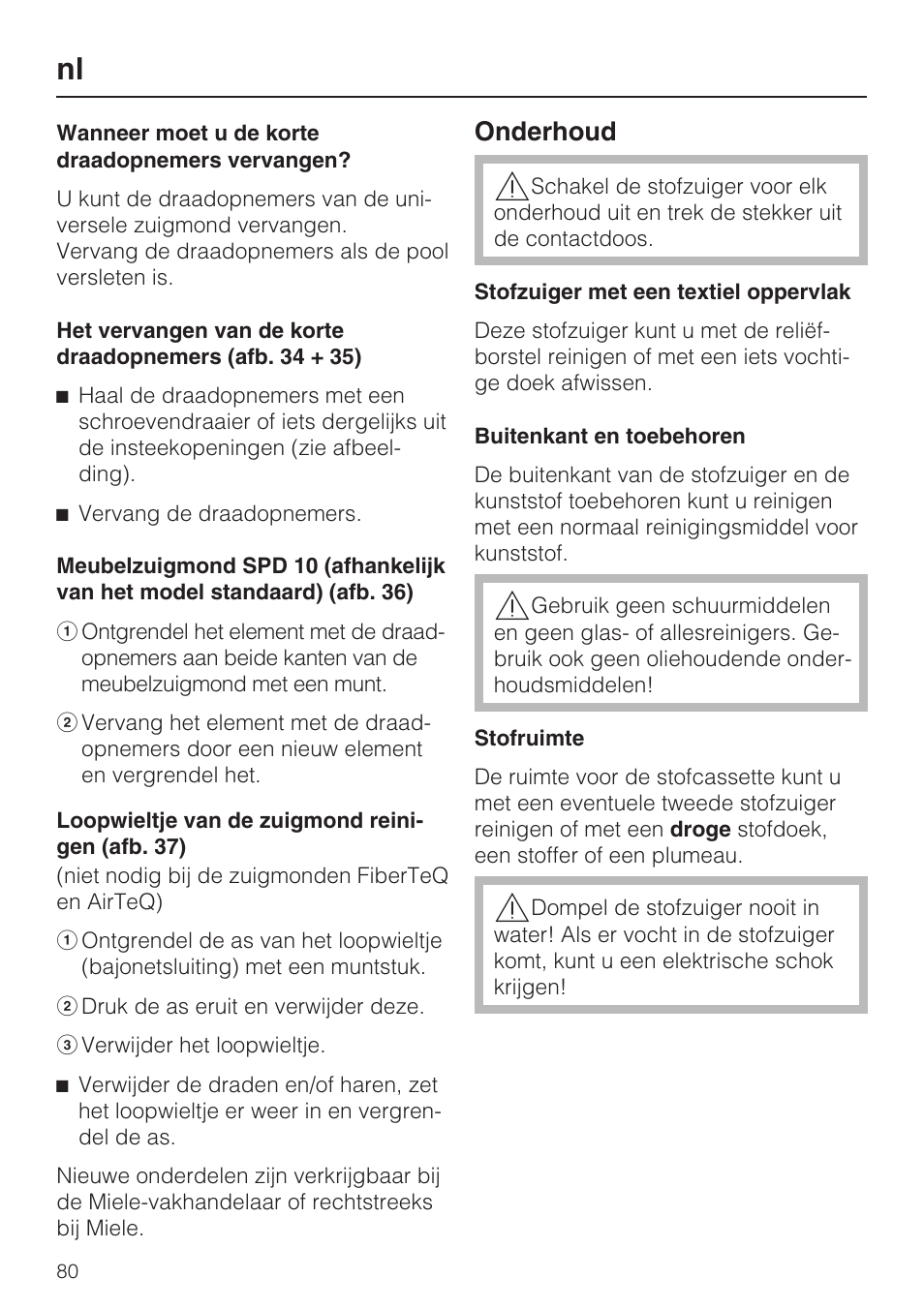 Onderhoud | Miele HS14 User Manual | Page 80 / 112