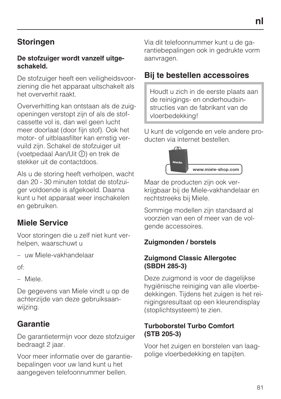 Storingen, Miele service, Garantie | Bij te bestellen accessoires | Miele HS14 User Manual | Page 81 / 112