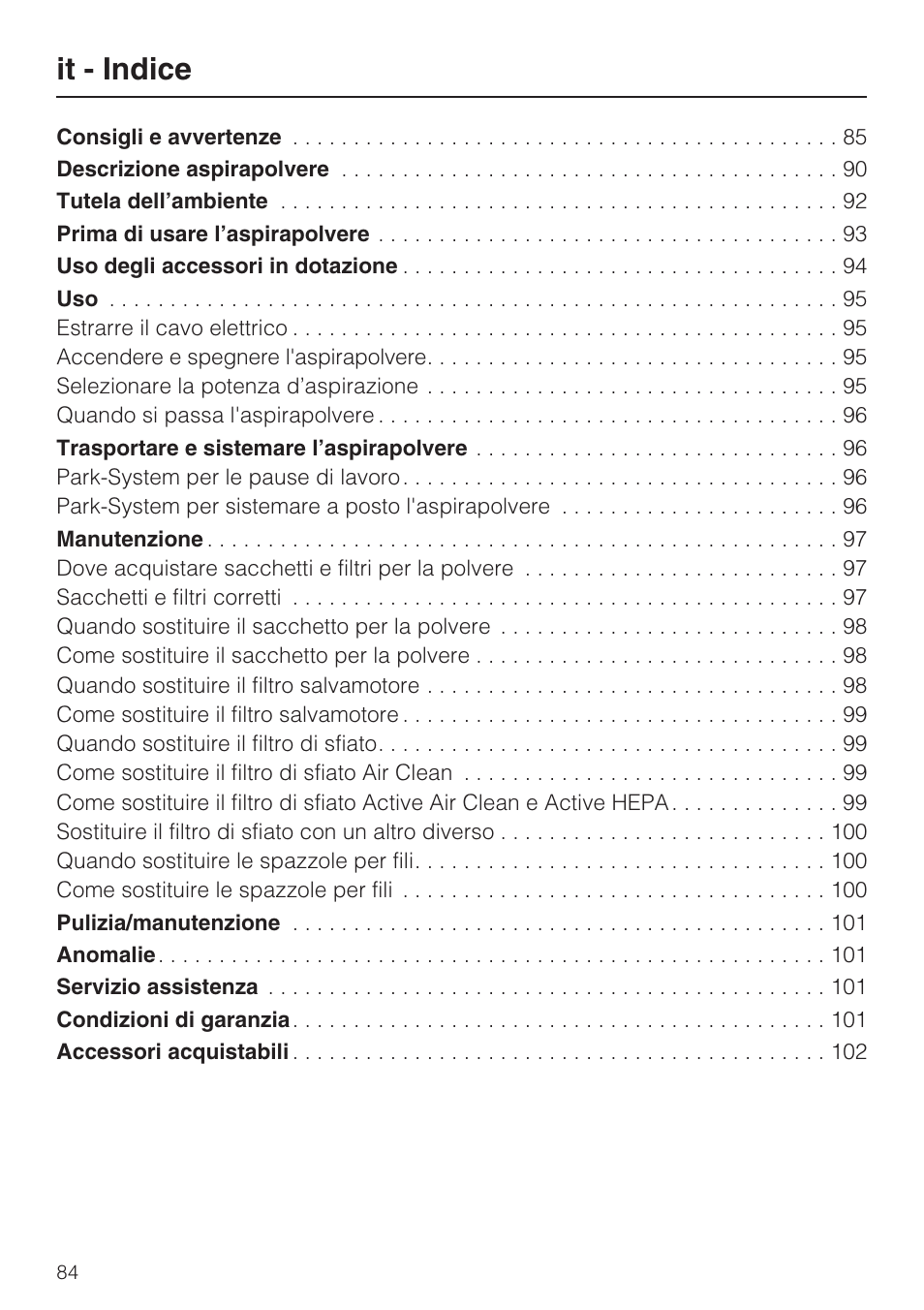 It - indice | Miele HS14 User Manual | Page 84 / 112