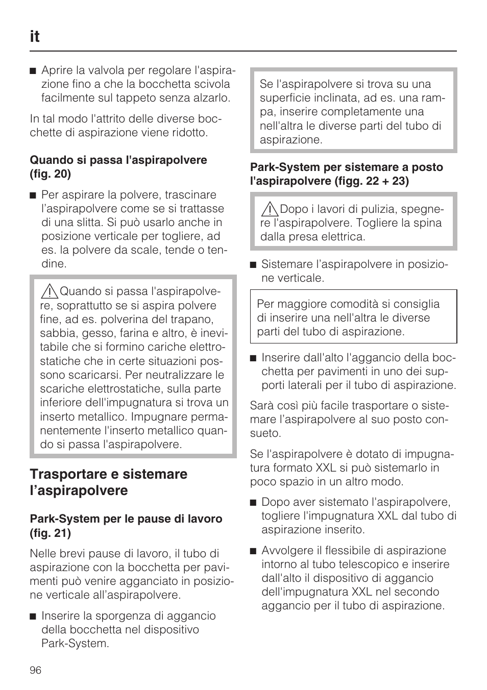 Trasportare e sistemare l’aspirapolvere | Miele HS14 User Manual | Page 96 / 112