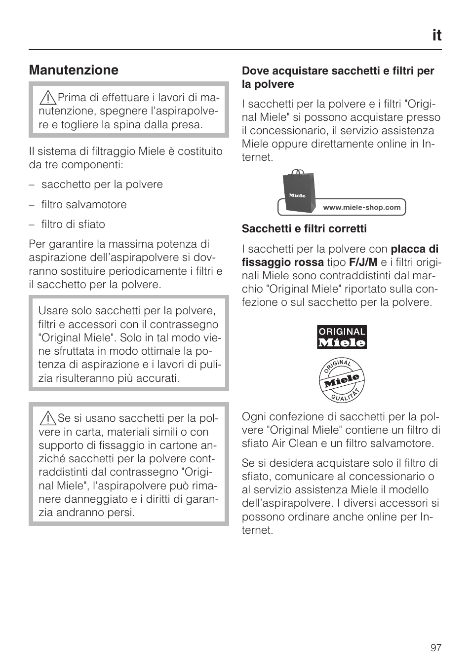 Manutenzione | Miele HS14 User Manual | Page 97 / 112