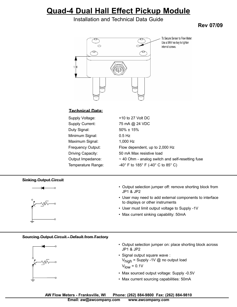 Quad-4 dual hall effect pickup module, Installation and technical data guide, Rev 07/09 | Technical data | AW Gear Meters Quad-4 User Manual | Page 2 / 2