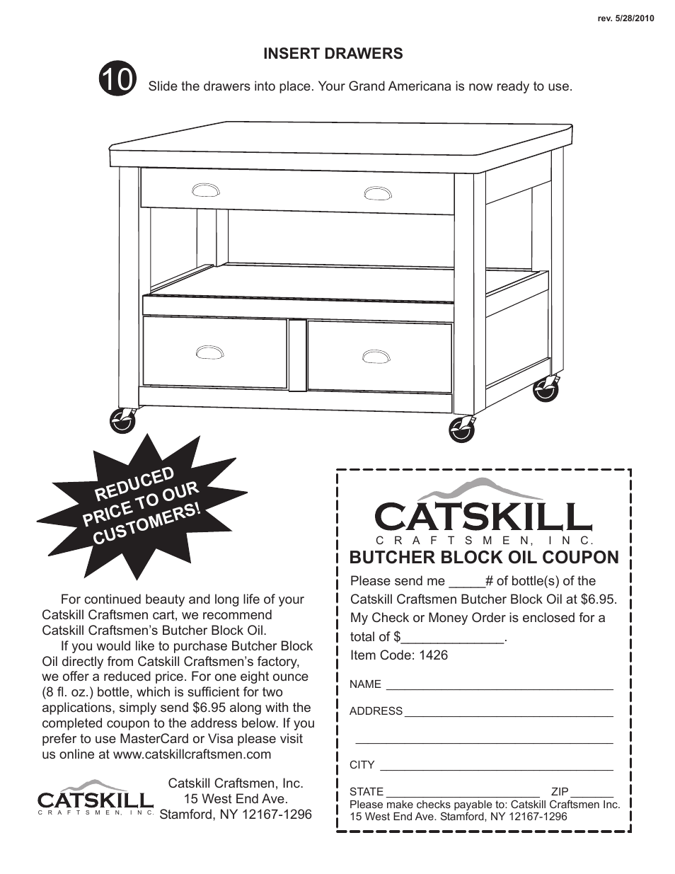 Butcher block oil coupon, Reduced price t o our cust omers | Catskill Craftsmen 1426 User Manual | Page 13 / 13