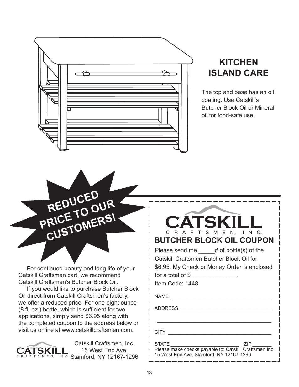 Reduced price t o our cust omers, Kitchen island care, Butcher block oil coupon | Catskill Craftsmen 1448 User Manual | Page 14 / 14