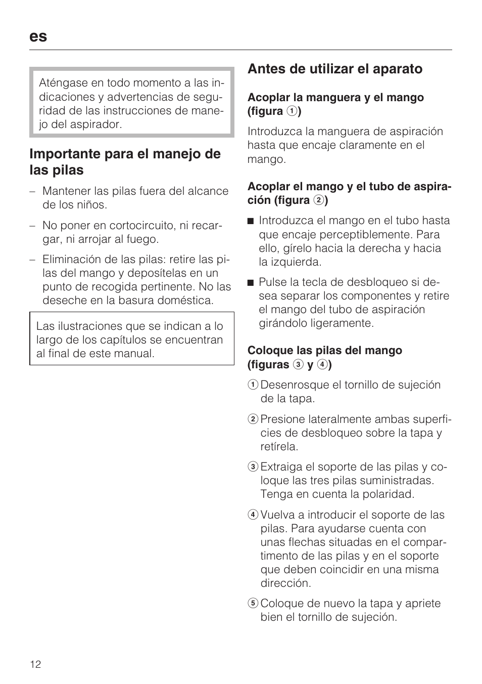 Importante para el manejo de las pilas, Antes de utilizar el aparato | Miele SGC 20 User Manual | Page 12 / 36