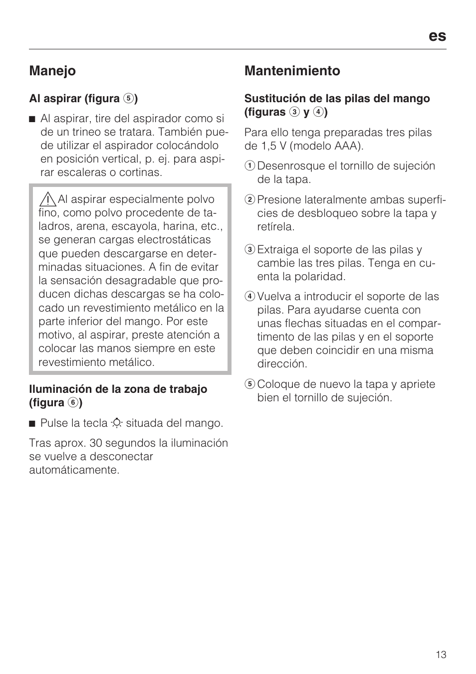 Manejo, Mantenimiento | Miele SGC 20 User Manual | Page 13 / 36