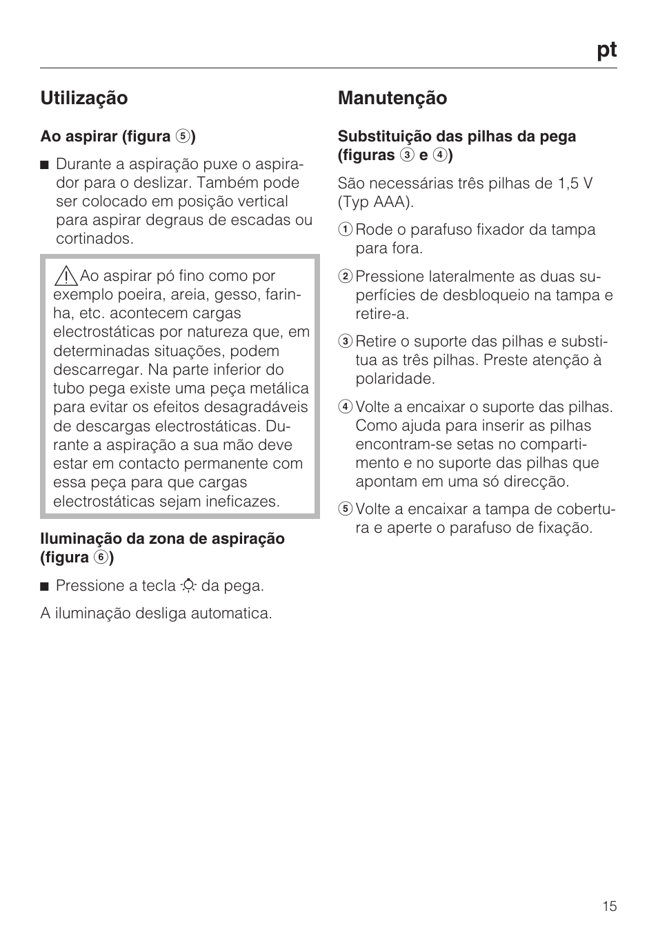 Utilização, Manutenção | Miele SGC 20 User Manual | Page 15 / 36