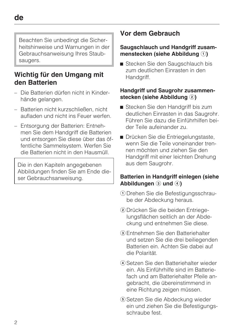 Wichtig für den umgang mit den batterien, Vor dem gebrauch | Miele SGC 20 User Manual | Page 2 / 36