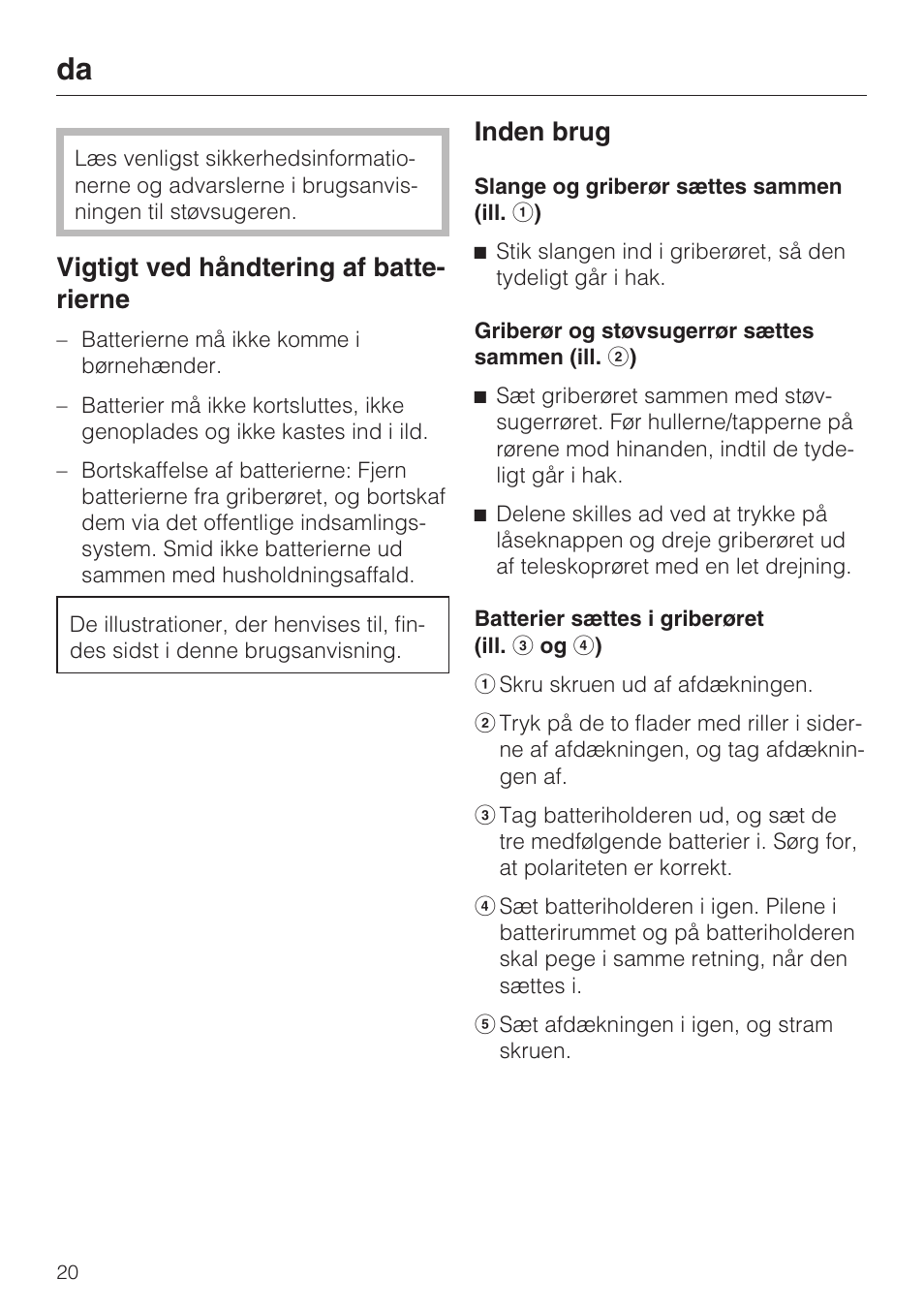 Vigtigt ved håndtering af batte- rierne, Inden brug | Miele SGC 20 User Manual | Page 20 / 36