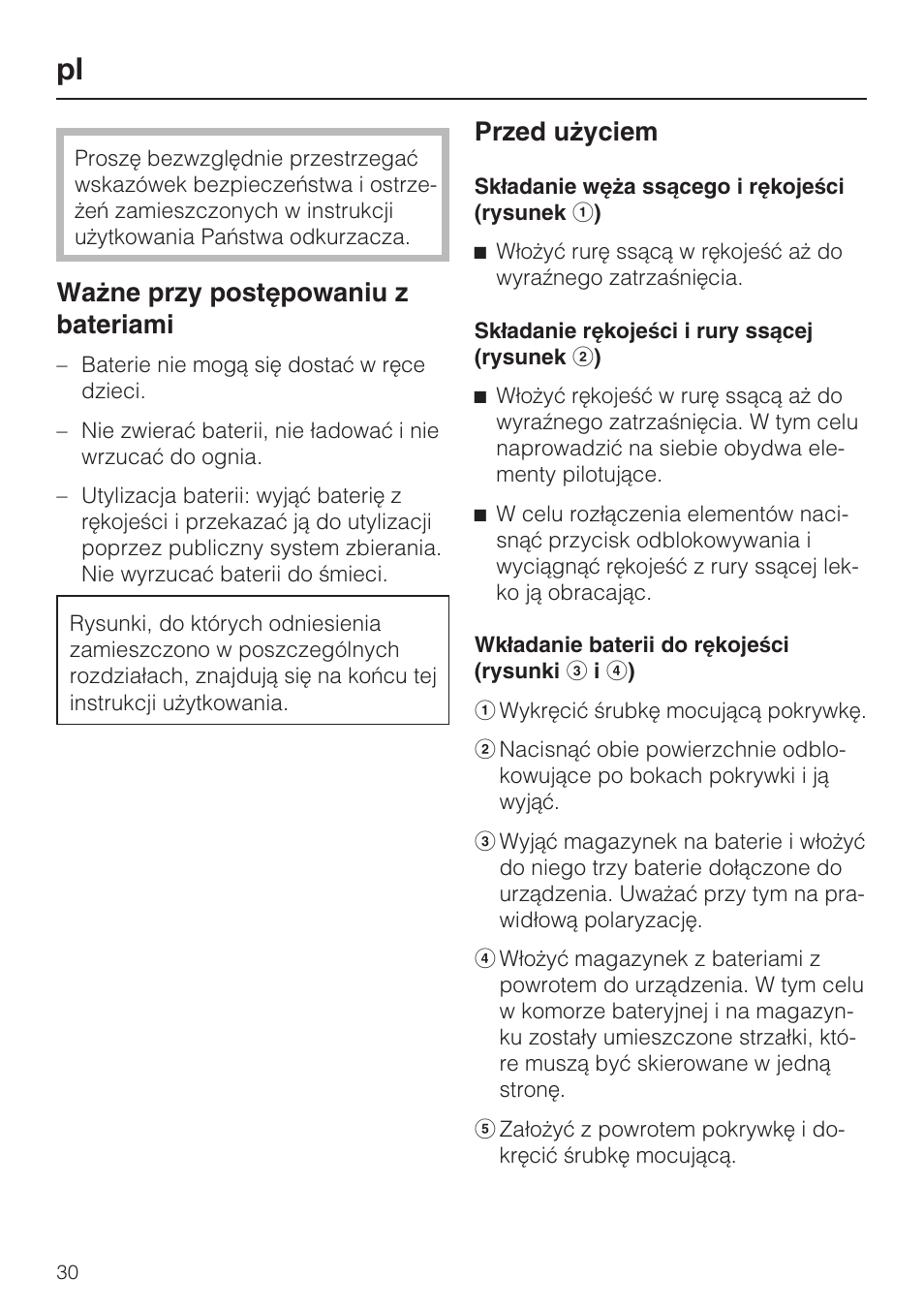 Wa¿ne przy postêpowaniu z bateriami, Przed u¿yciem | Miele SGC 20 User Manual | Page 30 / 36