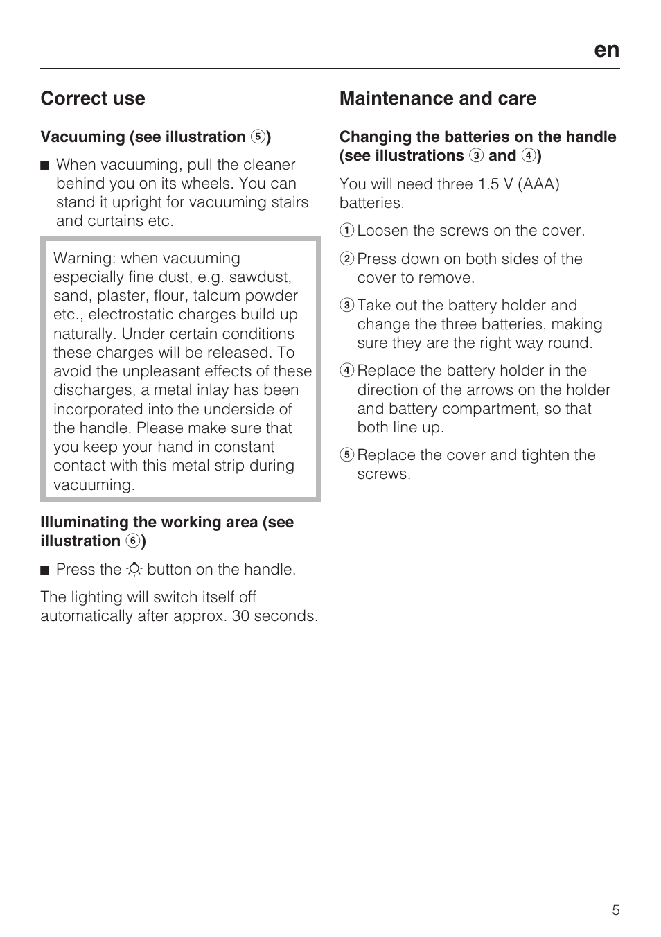 Correct use, Maintenance and care | Miele SGC 20 User Manual | Page 5 / 36