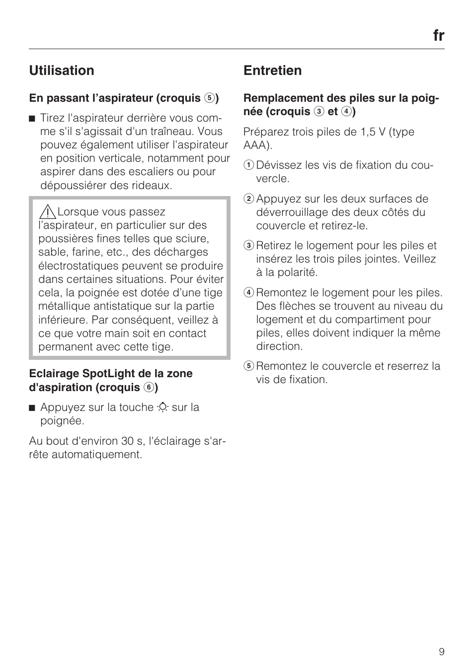 Utilisation, Entretien | Miele SGC 20 User Manual | Page 9 / 36