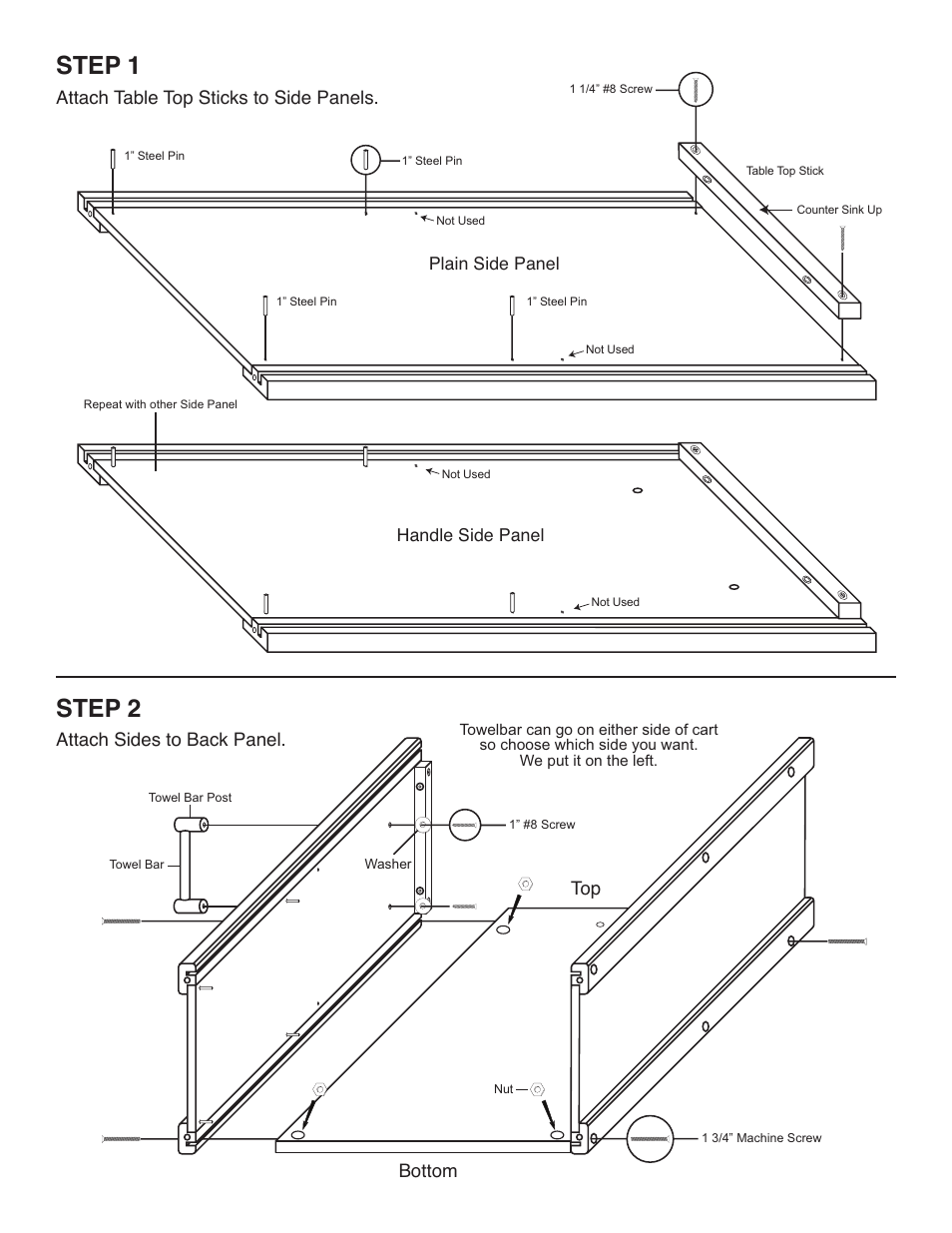 Step 1, Step 2, Attach table top sticks to side panels | Attach sides to back panel, Top bottom | Catskill Craftsmen 1569 User Manual | Page 4 / 12