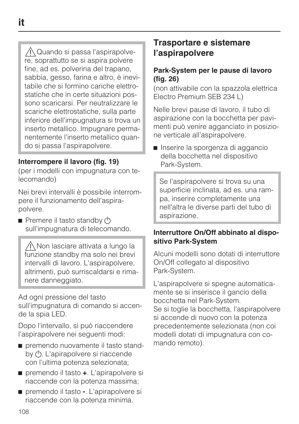 Trasportare e sistemare l’aspirapolvere | Miele HS15 User Manual | Page 108 / 124