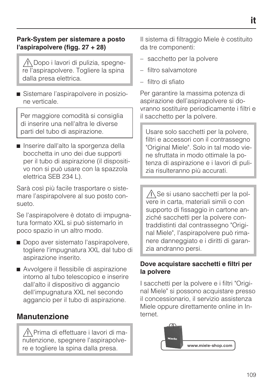 Manutenzione | Miele HS15 User Manual | Page 109 / 124