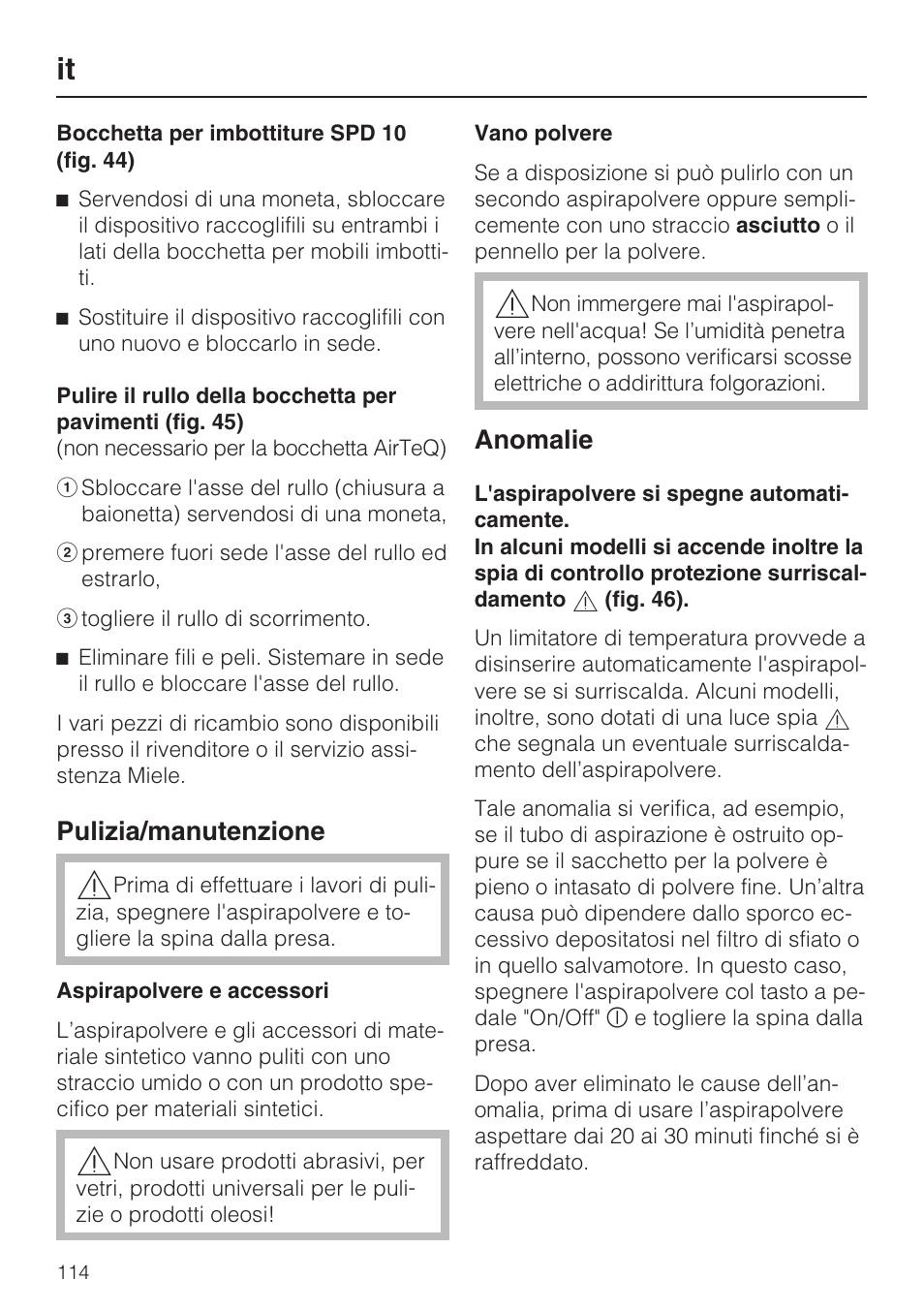 Pulizia/manutenzione, Anomalie | Miele HS15 User Manual | Page 114 / 124