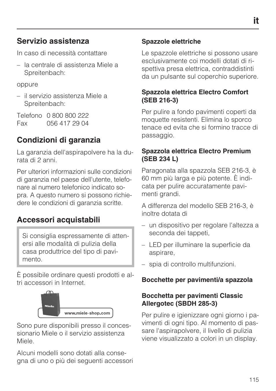Servizio assistenza, Condizioni di garanzia, Accessori acquistabili | Miele HS15 User Manual | Page 115 / 124