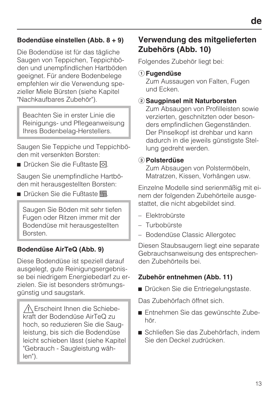 Verwendung des mitgelieferten zubehörs (abb. 10) | Miele HS15 User Manual | Page 13 / 124