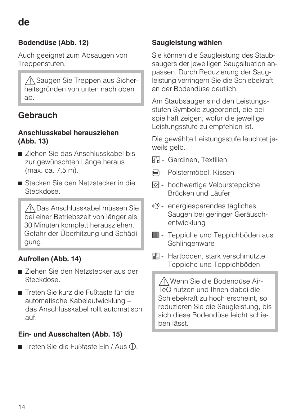 Gebrauch | Miele HS15 User Manual | Page 14 / 124