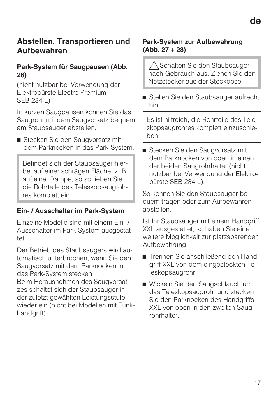 Abstellen, transportieren und aufbewahren | Miele HS15 User Manual | Page 17 / 124