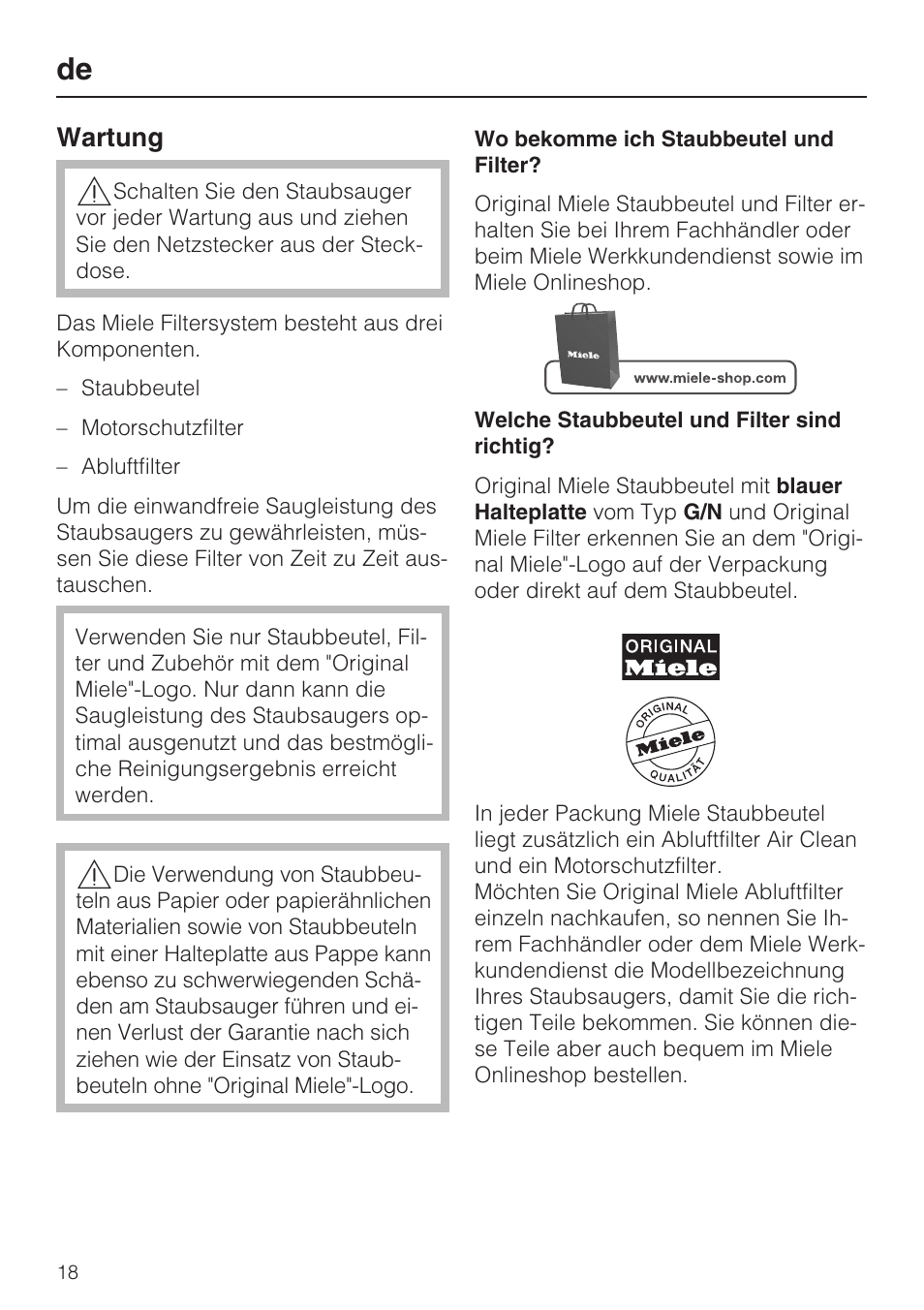 Wartung | Miele HS15 User Manual | Page 18 / 124