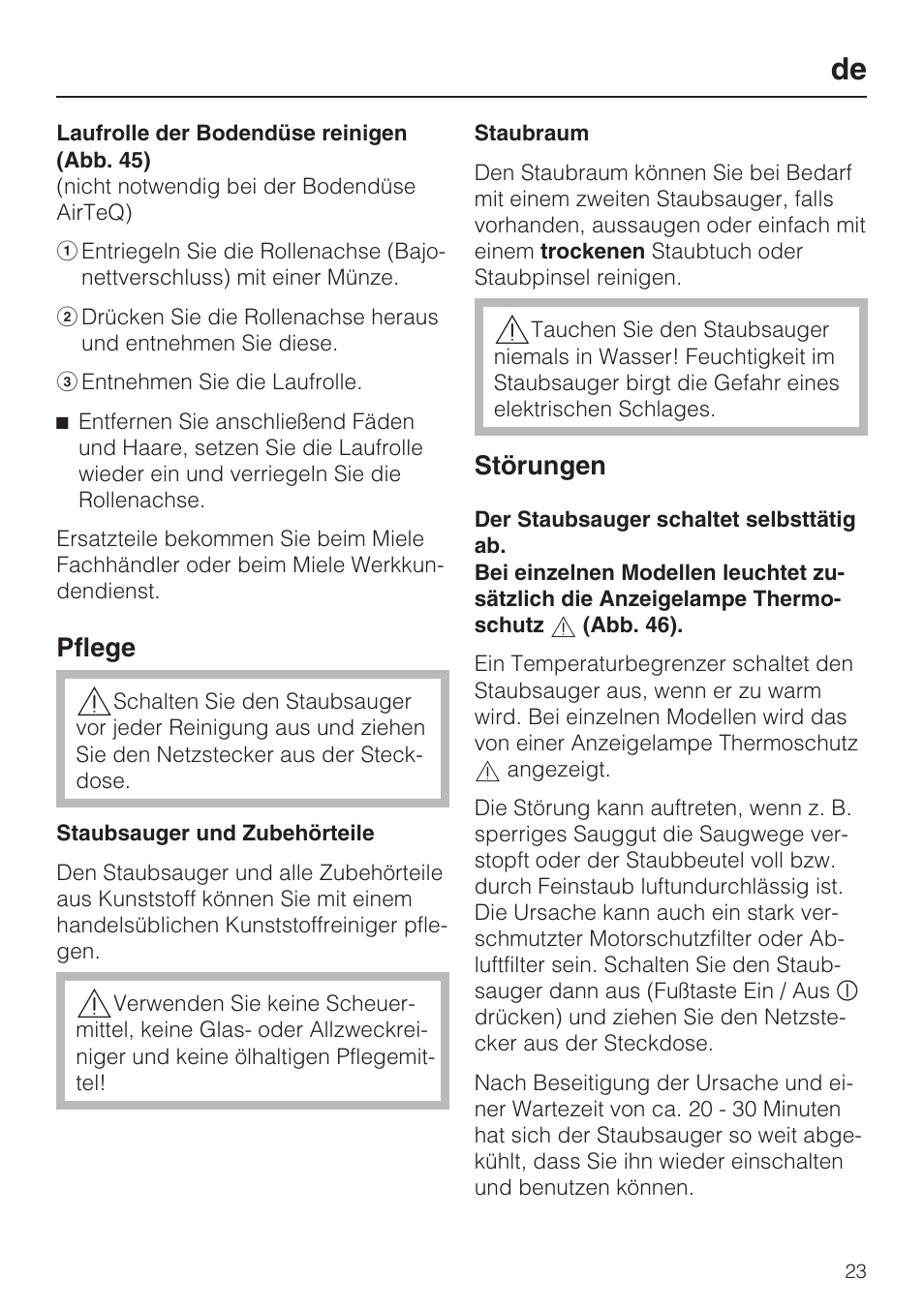 Pflege, Störungen | Miele HS15 User Manual | Page 23 / 124