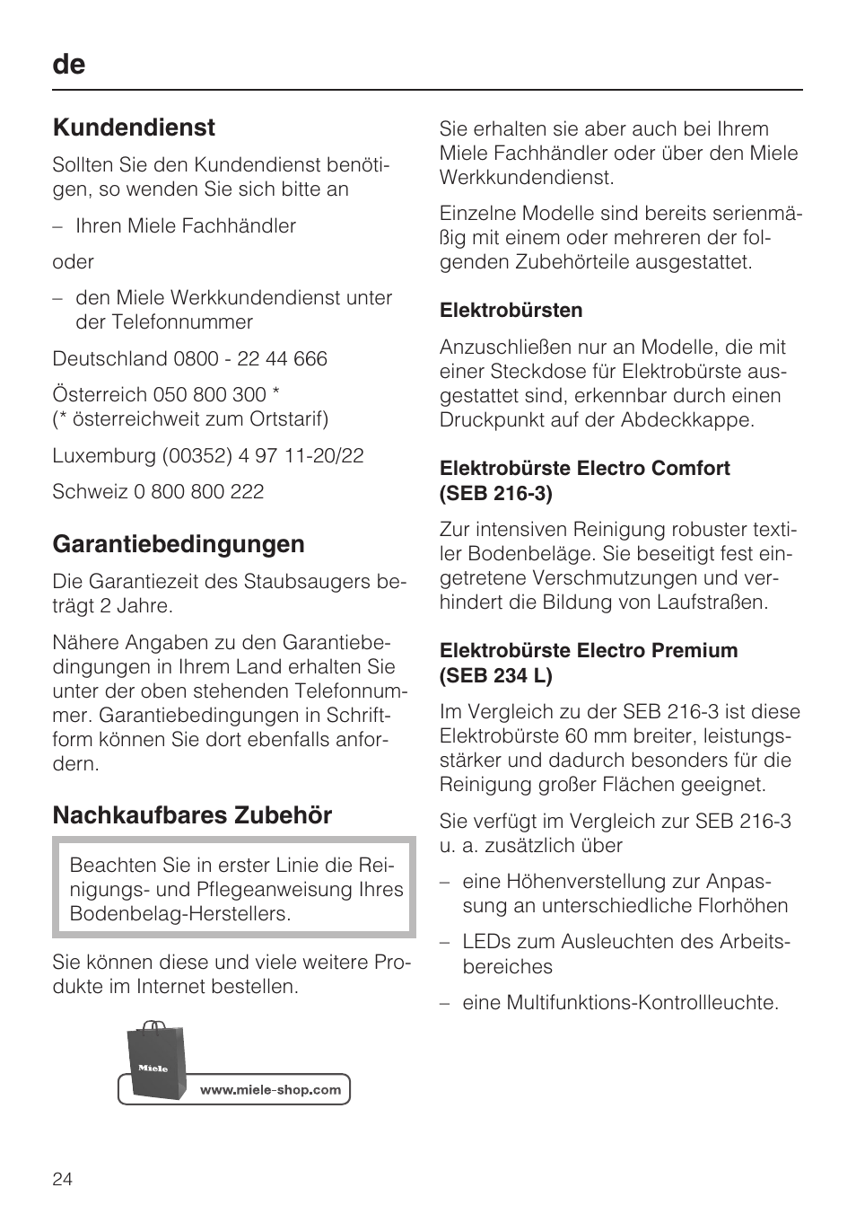 Kundendienst, Garantiebedingungen, Nachkaufbares zubehör | Miele HS15 User Manual | Page 24 / 124