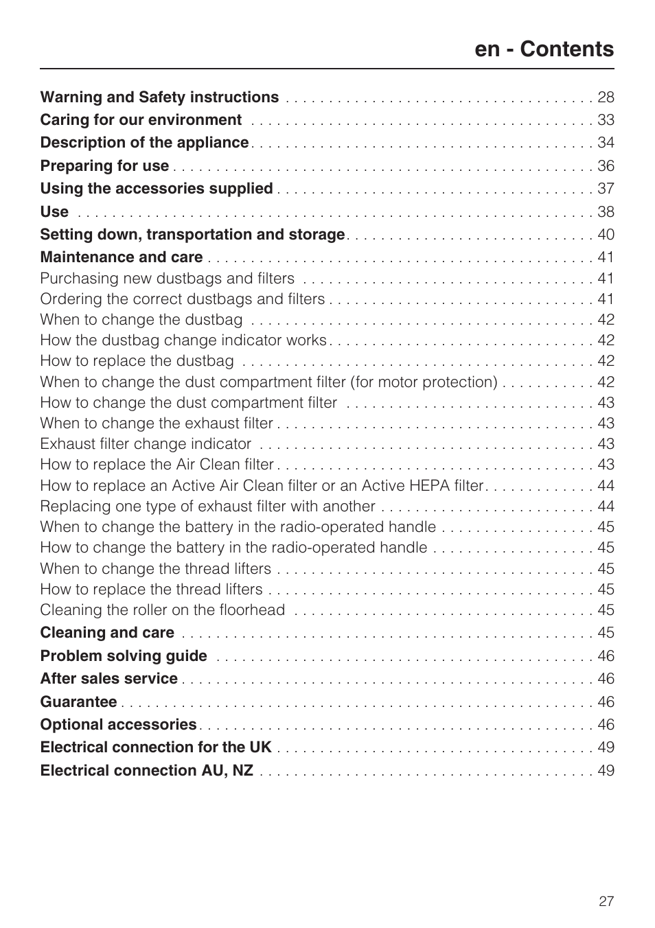 En - contents | Miele HS15 User Manual | Page 27 / 124