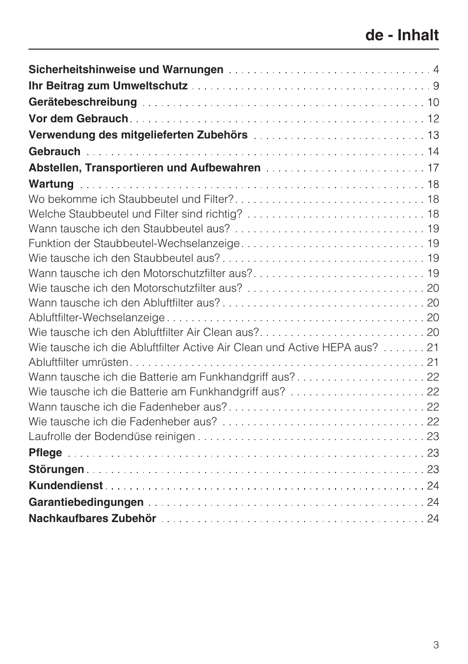 De - inhalt | Miele HS15 User Manual | Page 3 / 124
