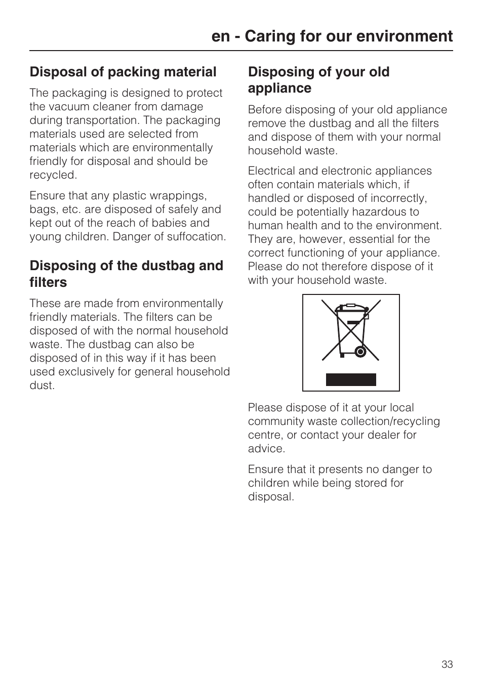 En - caring for our environment | Miele HS15 User Manual | Page 33 / 124