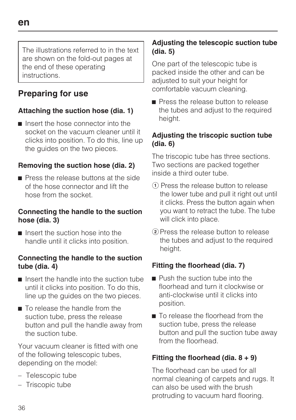 Preparing for use | Miele HS15 User Manual | Page 36 / 124
