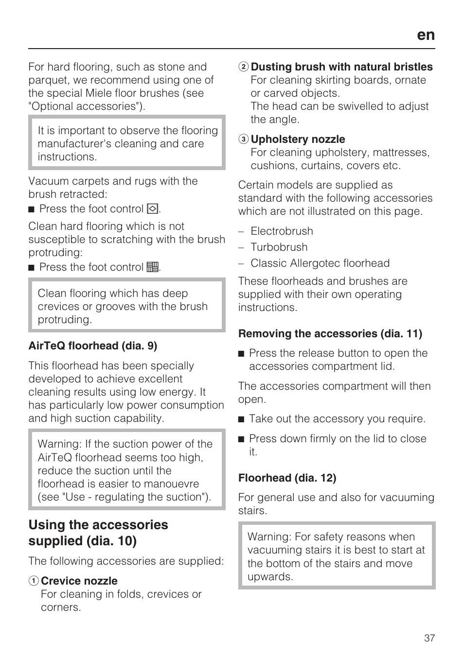 Using the accessories supplied (dia. 10) | Miele HS15 User Manual | Page 37 / 124