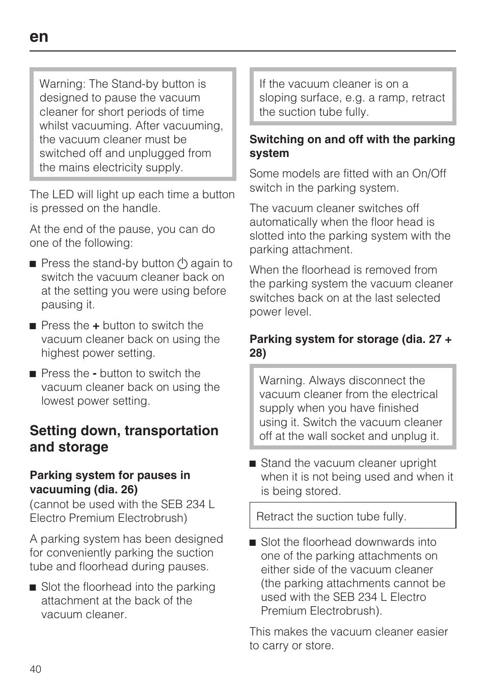 Setting down, transportation and storage | Miele HS15 User Manual | Page 40 / 124