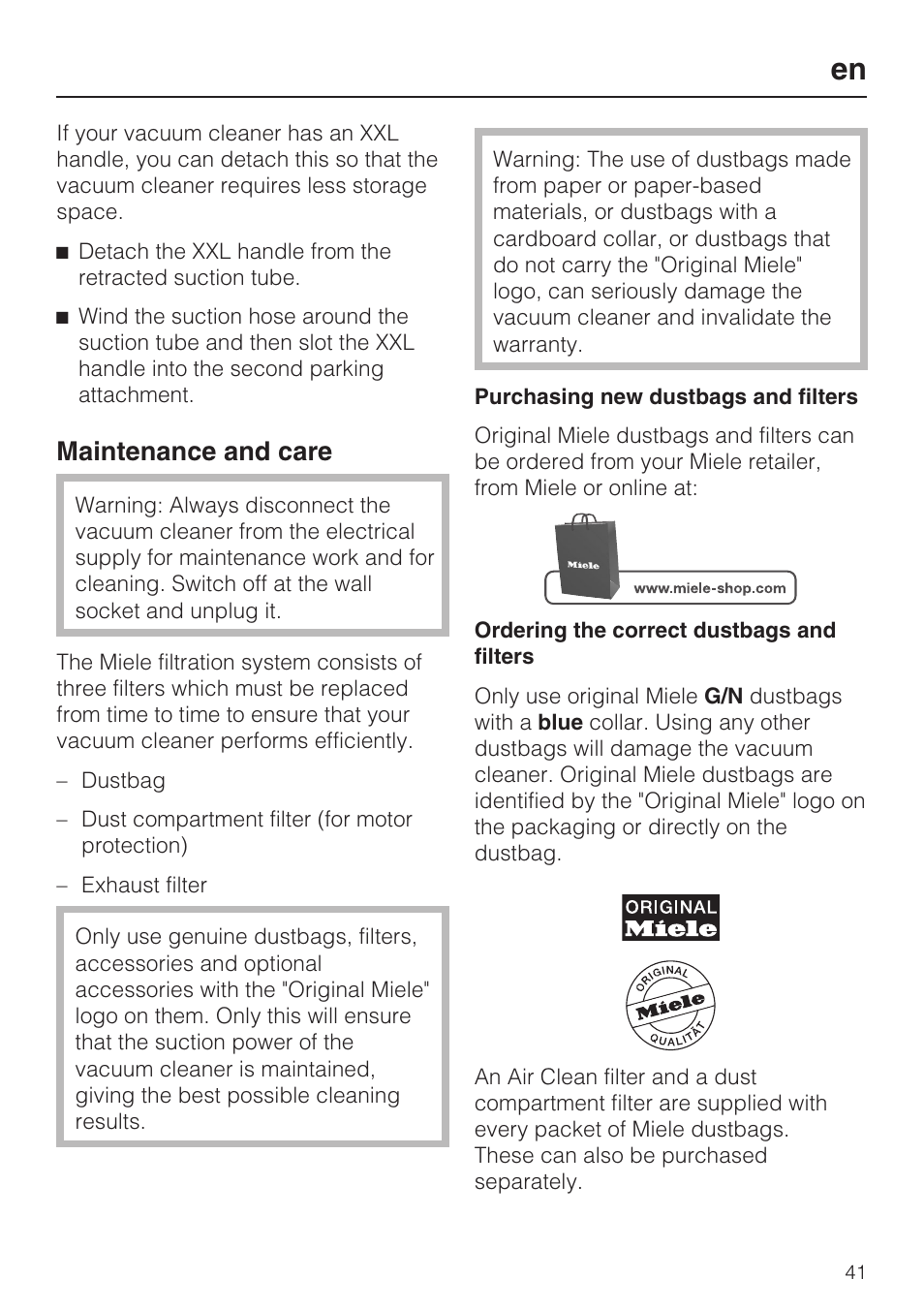 Maintenance and care | Miele HS15 User Manual | Page 41 / 124