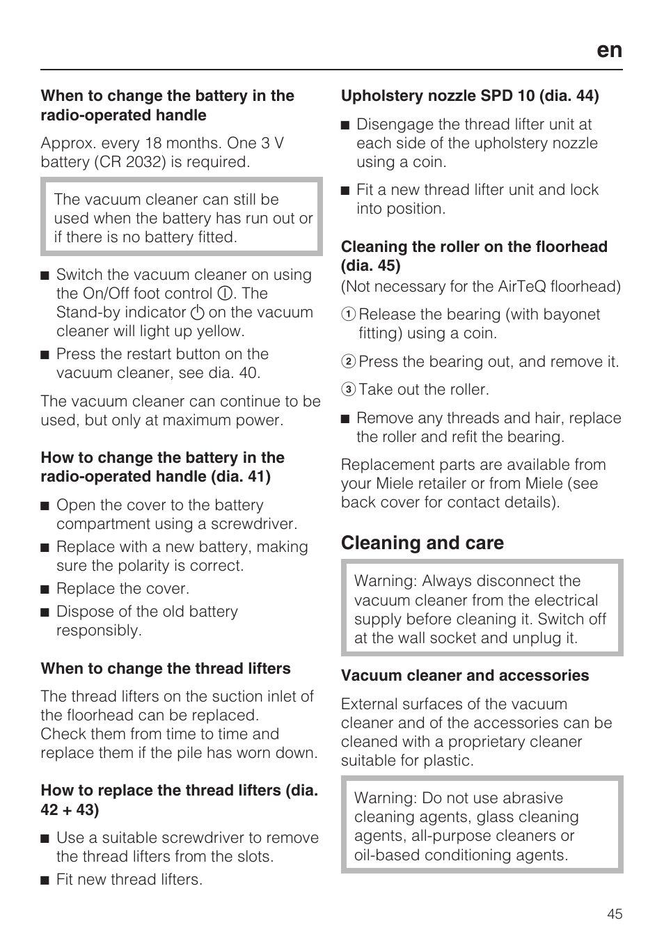 Cleaning and care | Miele HS15 User Manual | Page 45 / 124