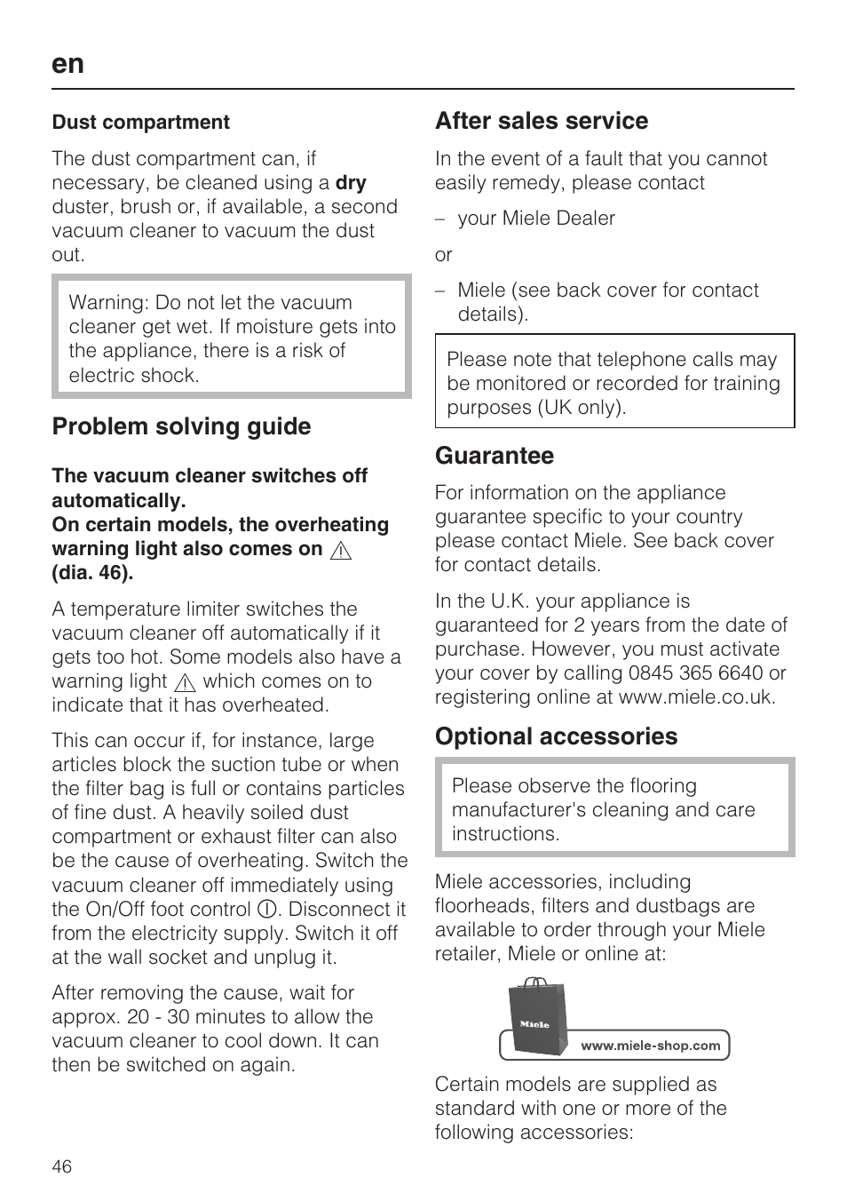 Problem solving guide, After sales service, Guarantee | Optional accessories | Miele HS15 User Manual | Page 46 / 124