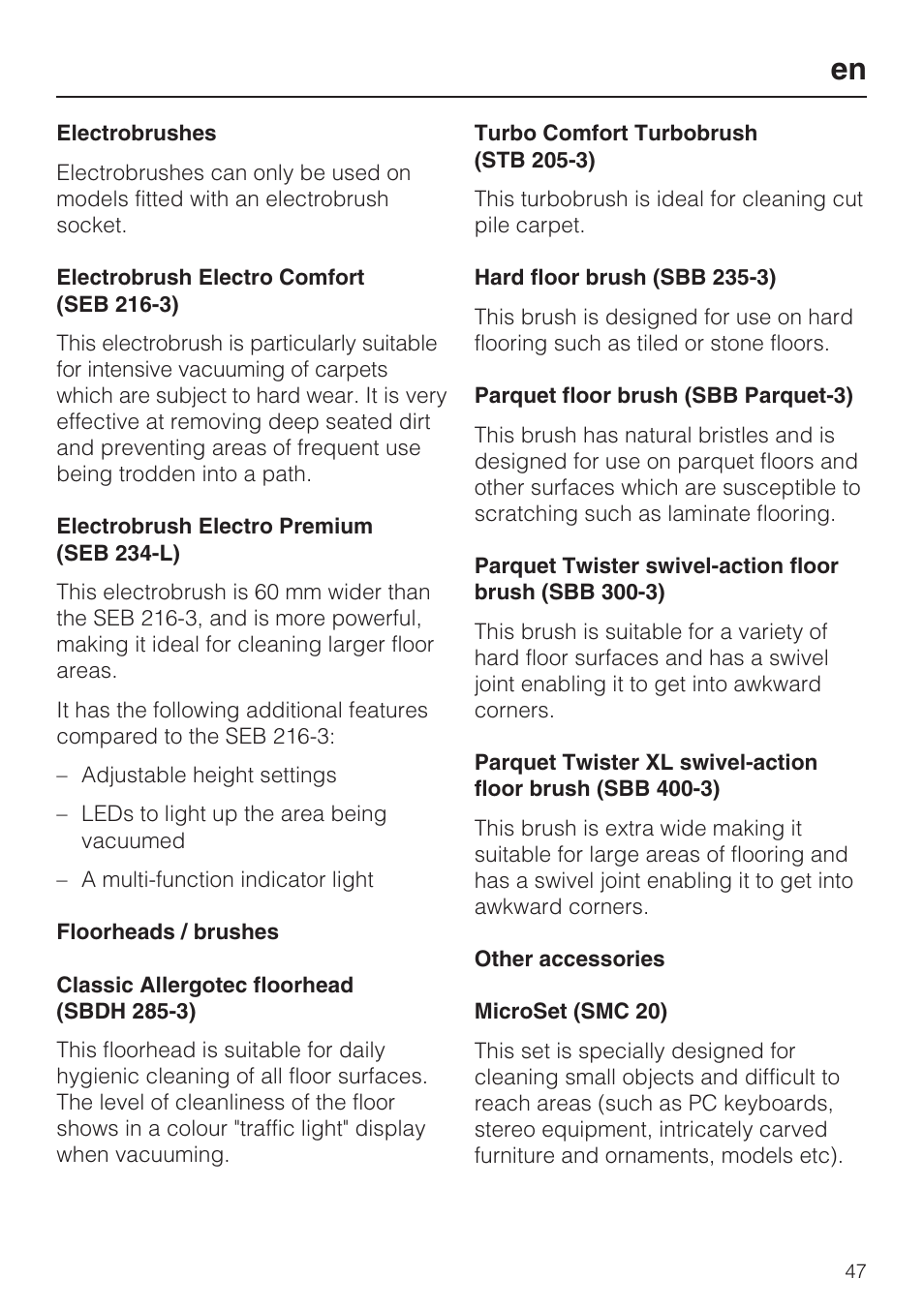 Miele HS15 User Manual | Page 47 / 124