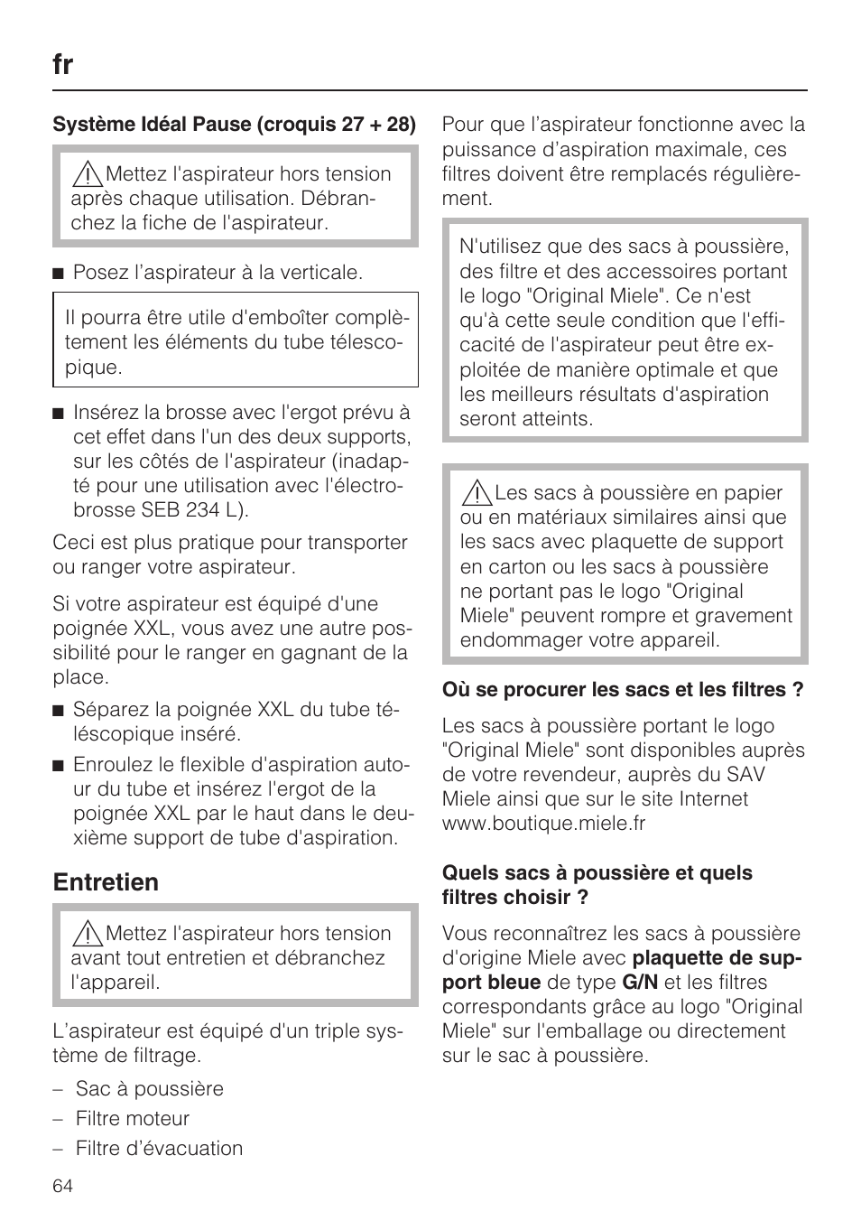 Entretien | Miele HS15 User Manual | Page 64 / 124