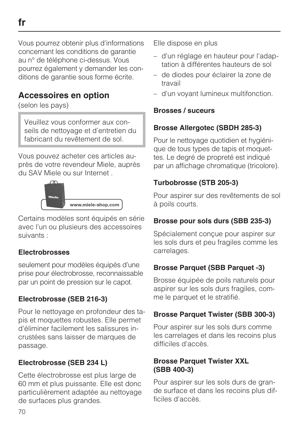 Accessoires en option | Miele HS15 User Manual | Page 70 / 124