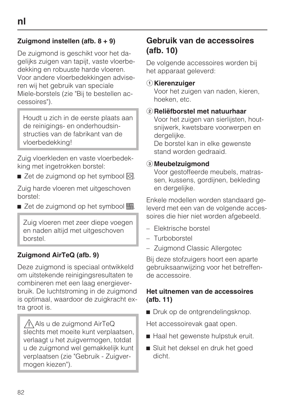 Gebruik van de accessoires (afb. 10) | Miele HS15 User Manual | Page 82 / 124