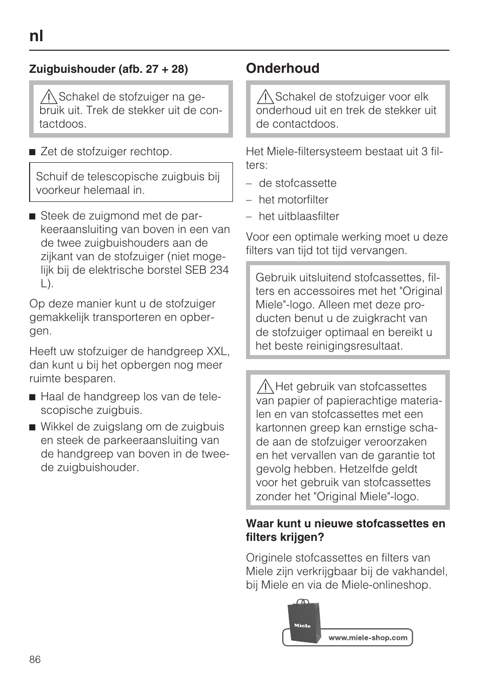 Onderhoud | Miele HS15 User Manual | Page 86 / 124